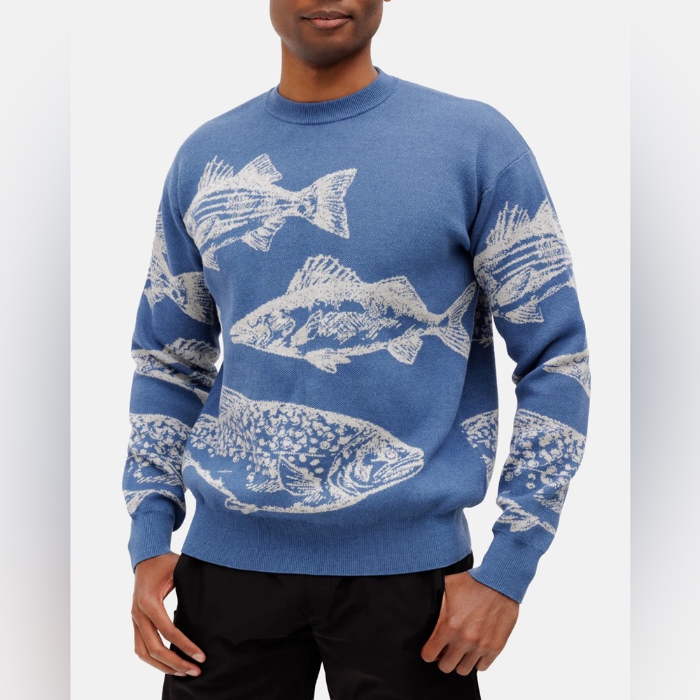 Waggle Golf Freshwater Fish Wild Knit Crew Sweater Blue Sz Large